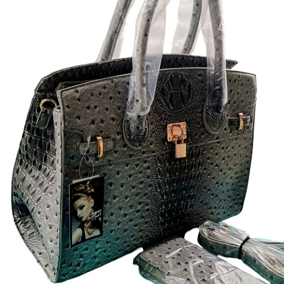 Luxury Vegan Leather Designer Ostrich Print Work Bag w Wallet - Picture 4 of 7